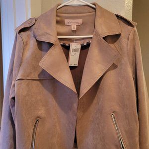 Drape Front Moto Vegan Suede Jacket in Taupe (Large)